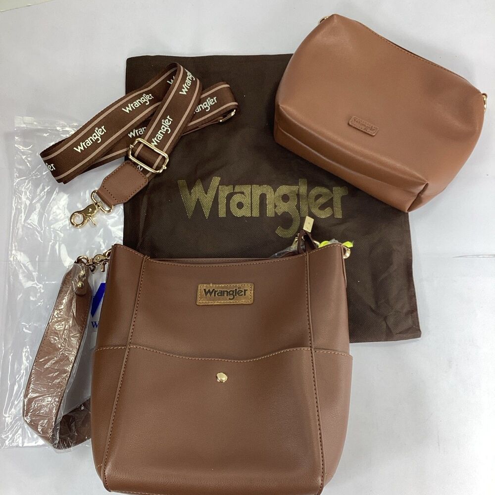 Wrangler Crossbody Bucket Bag Set Vegan Leather Purse Cosmetic Pouch Brown